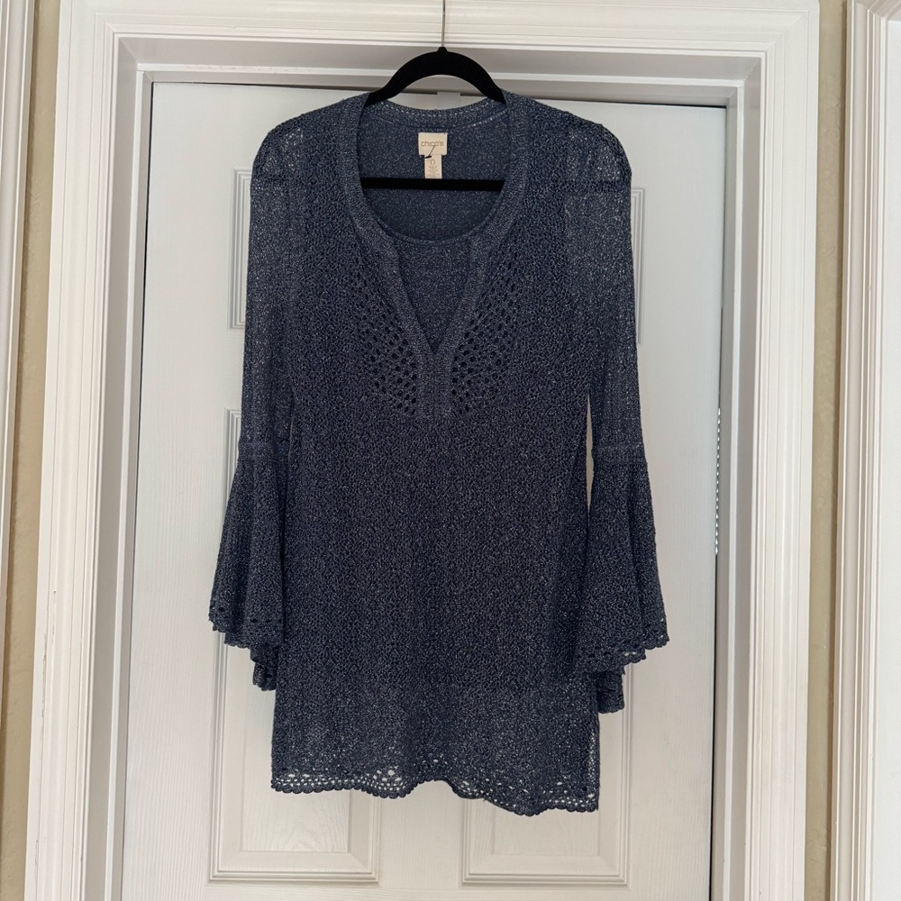 Chico's Blue & silver Crochet Tunic with built in (sewn in) shell.